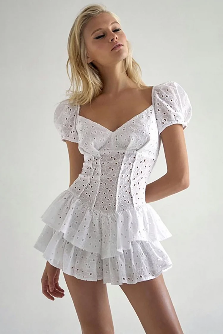 Irregular Neck Short Puffy Sleeve Corset Hollow out Tiered Pleated A-line Mini Dresses