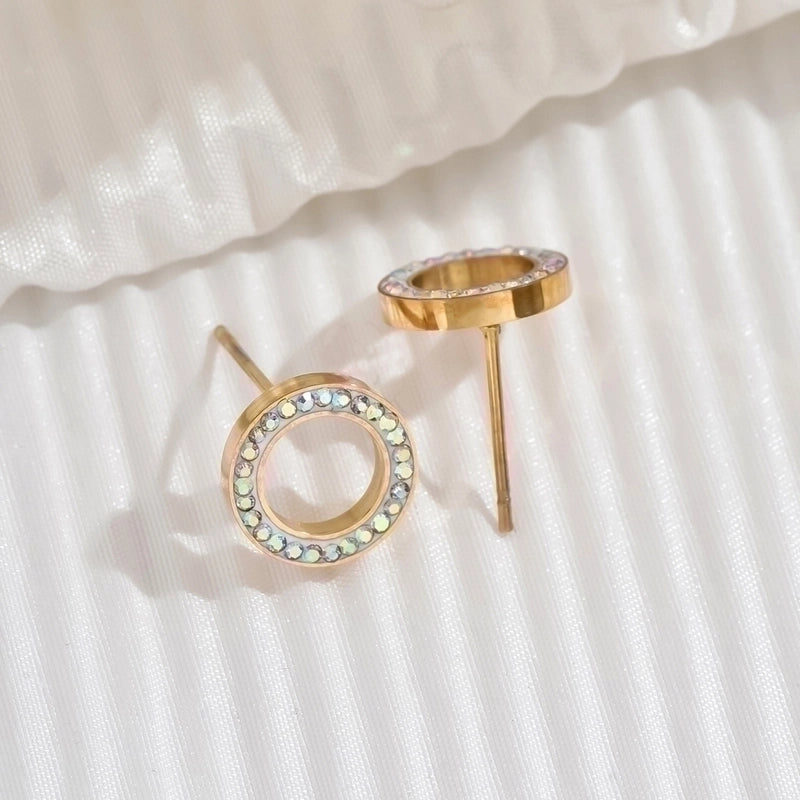 1 Pair Elegant Shiny Glittery Round Polishing Plating Hollow Out 304 Stainless Steel Zircon 14K Gold Plated Ear Studs