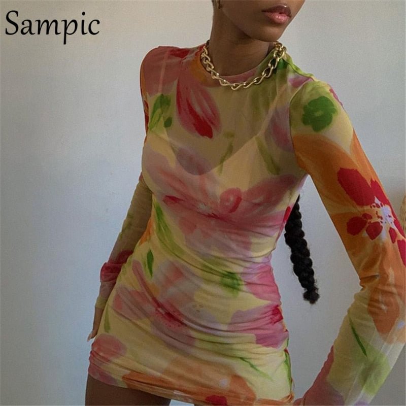 Sampic O Neck Women Y2K Casual Mesh Long Sleeve Summer Beach Skinny Mini Dress Floral Print Fashion Spring Bodycon Dress 2021