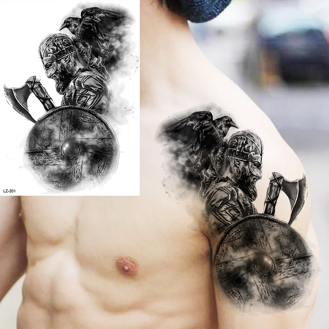 Black Spartan Warrior Temporary Tattoos For Men Adults Realistic Lion Tiger Maori Knight Fake Tattoo Sticker Chest Tatoos 3D