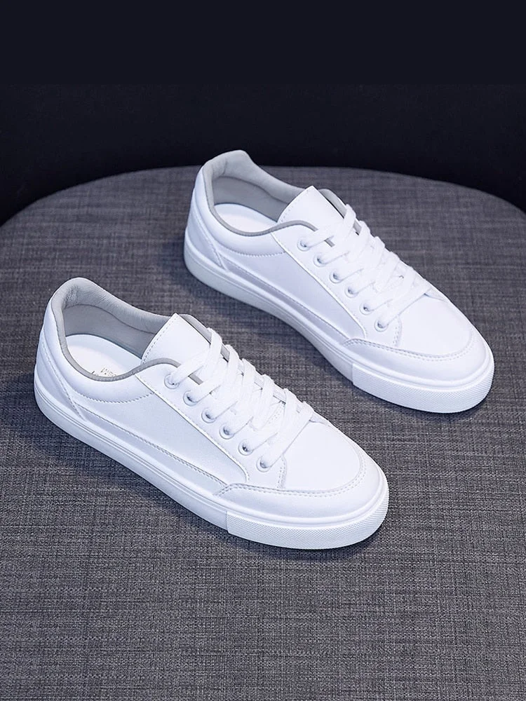 2021 Soft PU Leather Women Sneakers Platform Women Casual Simple Design Comfort White Flats Female Vulcanized Shoes