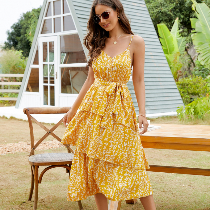 Ruffled Floral Tie Waist Midi Dress