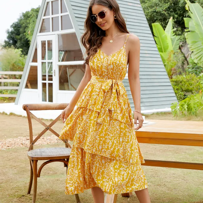 Ruffled Floral Tie Waist Midi Dress