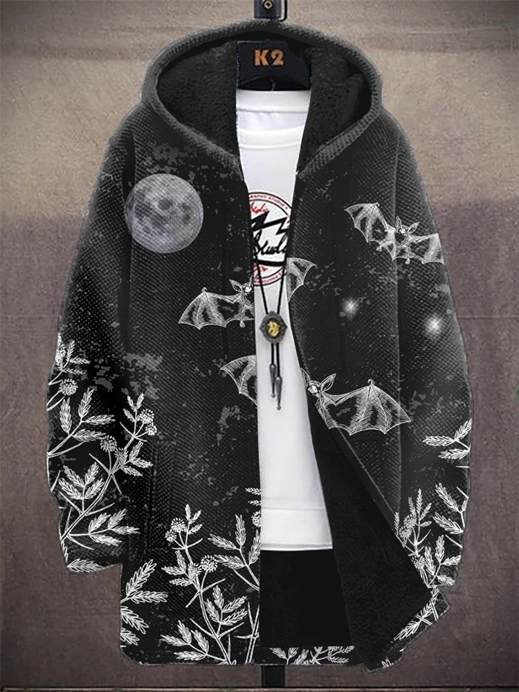Men's Darkness Forest Bats Print Fleece Lined Hooded Trench Coat
