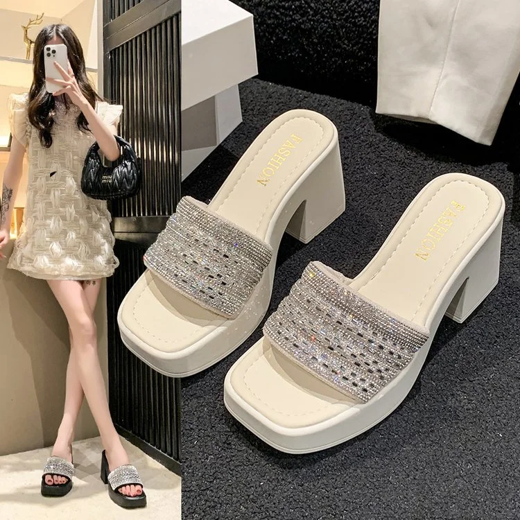 Wongn Wongn Summer New Fashion Women's Shoes Water Diamond One-Word Waterproof Platform Thick With Cool Drag High Heel Slippers Female