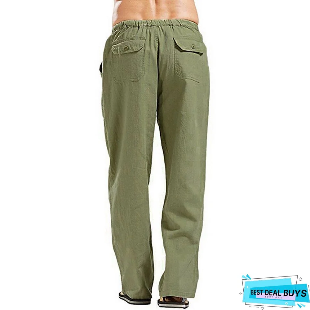 Men's Linen Pants Trousers Summer Pants Beach Pants Wide Leg Plain Breathable Full Length Work Daily Beach Linen / Cotton Blend Fashion Casual Loose Fit Black White