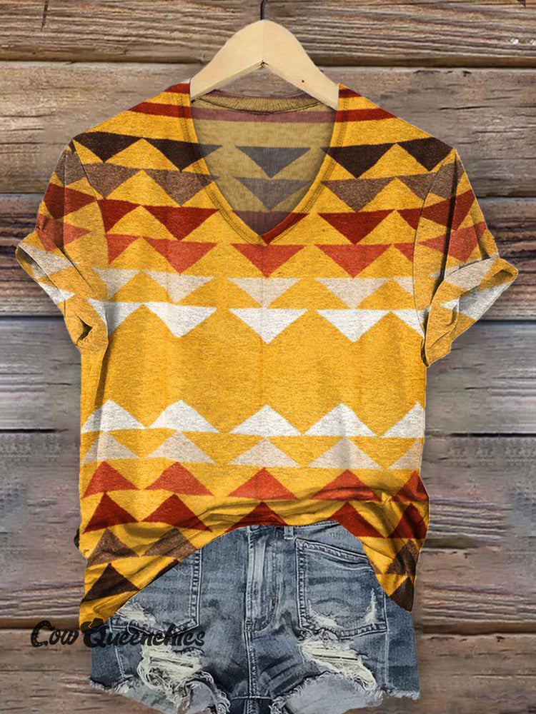 Women&rsquo;s Vintage Geometry Art Print V-neck Casual T-Shirt Multicolor / S