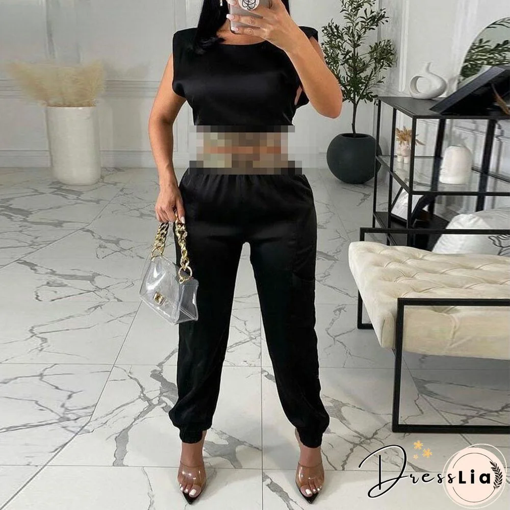 Sleeveless Crop Short Top& Long Bottom Pants Set