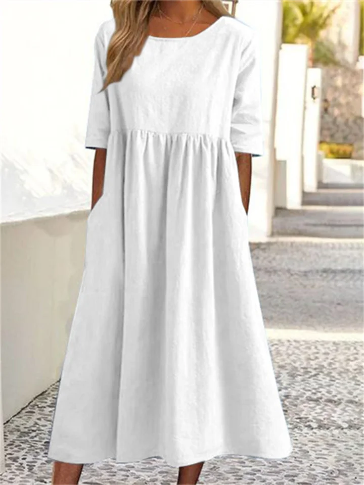 Women's Casual Dress Linen Dress Midi Dress Linen Basic Casual Outdoor Daily Crew Neck Ruched Pocket Short Sleeve Summer Spring Fall 2023 Loose Fit White Pink Purple Plain M L XL 2XL