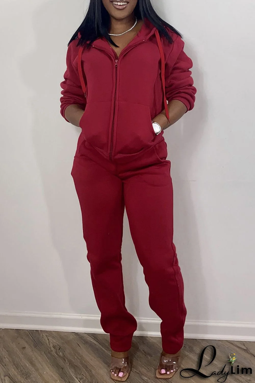 Red Fashion Casual Solid Basic Hooded Collar Long Sleeve Two Pieces