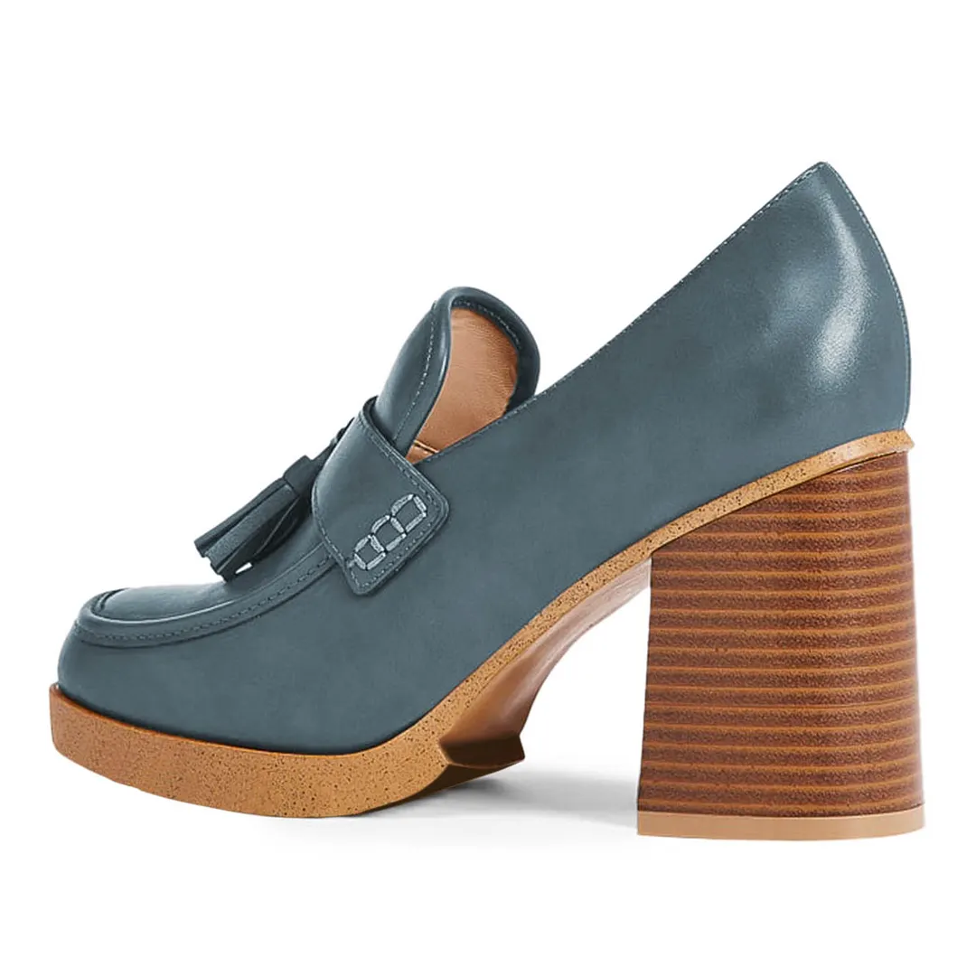 YDN Classic Blue Square Toe Chunky Heeled Loafers with Tassels