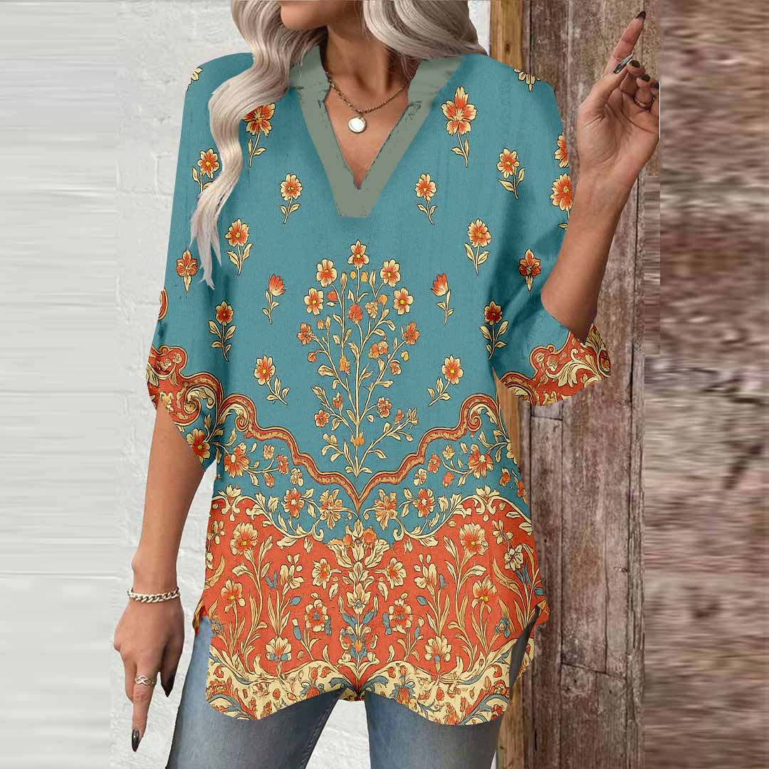 Women Retro, Blue, Orange DZGA0360 3/4 Sleeve V-neck Printed Graphic Button Tops