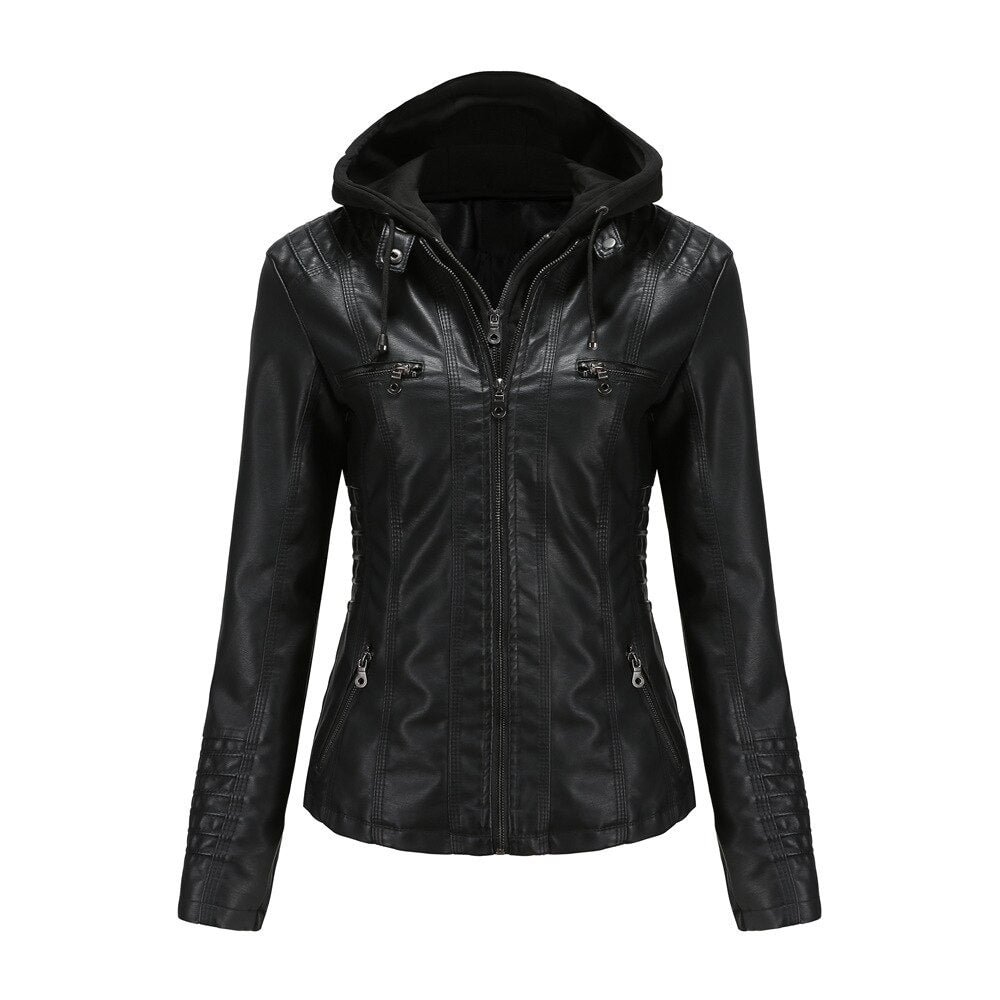 Autumn Winter Pu Faux Leather Jacket Black Women Street Moto Biker Leather Coat Hooded Jacket Lady Oversize Casual Outerwear