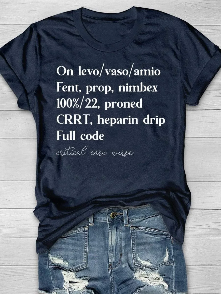 Intensive Care Nurse Funny Print Short Sleeve T-shirt