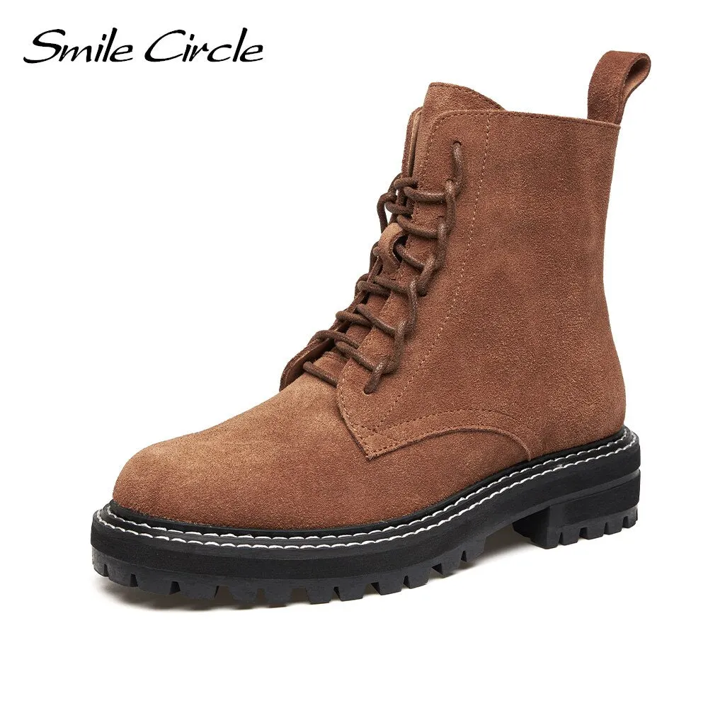 Smile Circle Ankle Boots Women Autumn Cow suede Platform Martin Boots Round toe Lace-up Chunky Side zipper Motorcycle Boots
