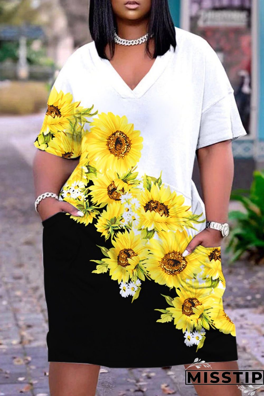 Coffee Casual Print Patchwork V Neck Short Sleeve Dress