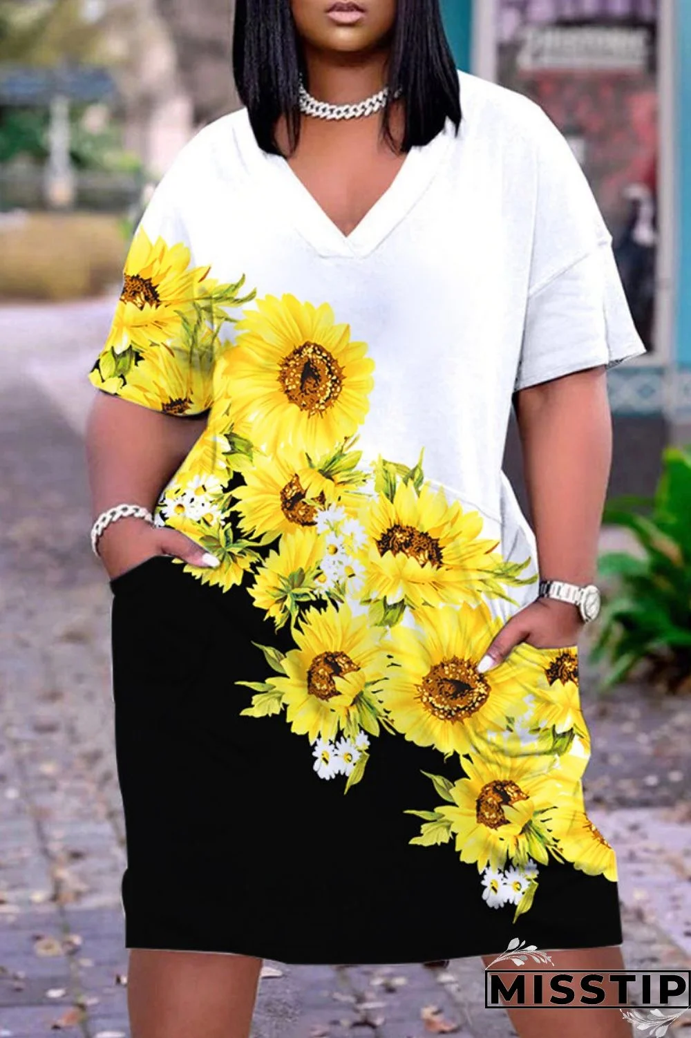 Coffee Casual Print Patchwork V Neck Short Sleeve Dress