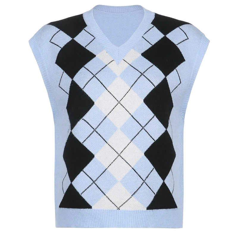 argyle female sweater vest women V Neck sleevelss Knitted Vests blue Preppy Style 2020 checkered soft Crop Top woman sweaters