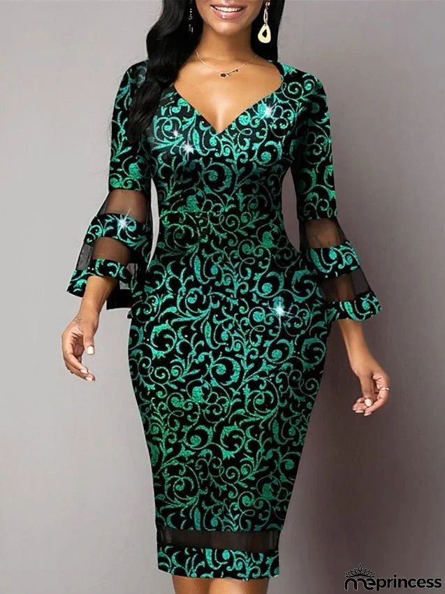 Women's Dress - Party Dress Bodycon Sheath Dress Midi Dress Red Green 3/4 Length Sleeve Floral Mesh Summer Spring V Neck Fashion Party Vacation S M L XL XXL