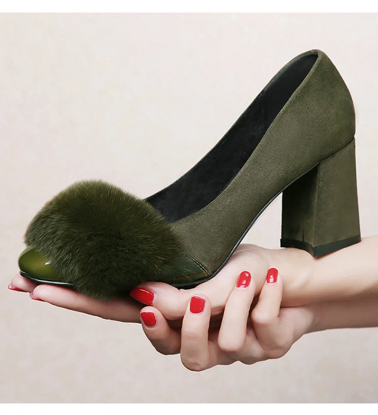Olive Fur Heels Suede and Patent Leather Block Heel Office Pumps |FSJ Shoes