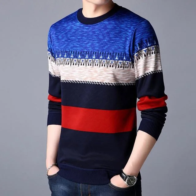 Men Casual Warm Pullover Knitted Striped Male Sweater Men Dress Thick Mens Sweaters Jersey Clothing