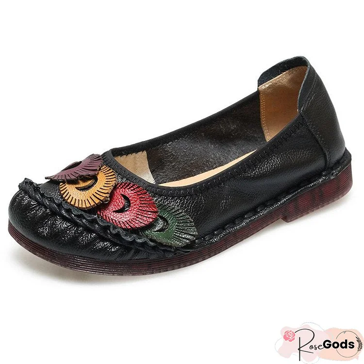 Genuine Leather Women Shoes Casual Flower Single Flat Round Toe Style Boat Shoes Soft Comfortable Women Flats