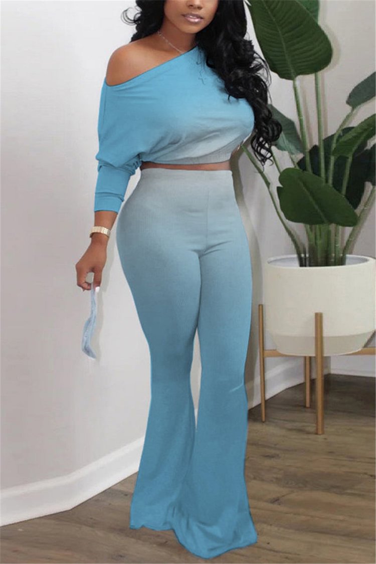 Fashion Long Sleeve Oblique Collar Regular Sleeve Short Gradual Change Print Two Pieces - BlackFridayBuys