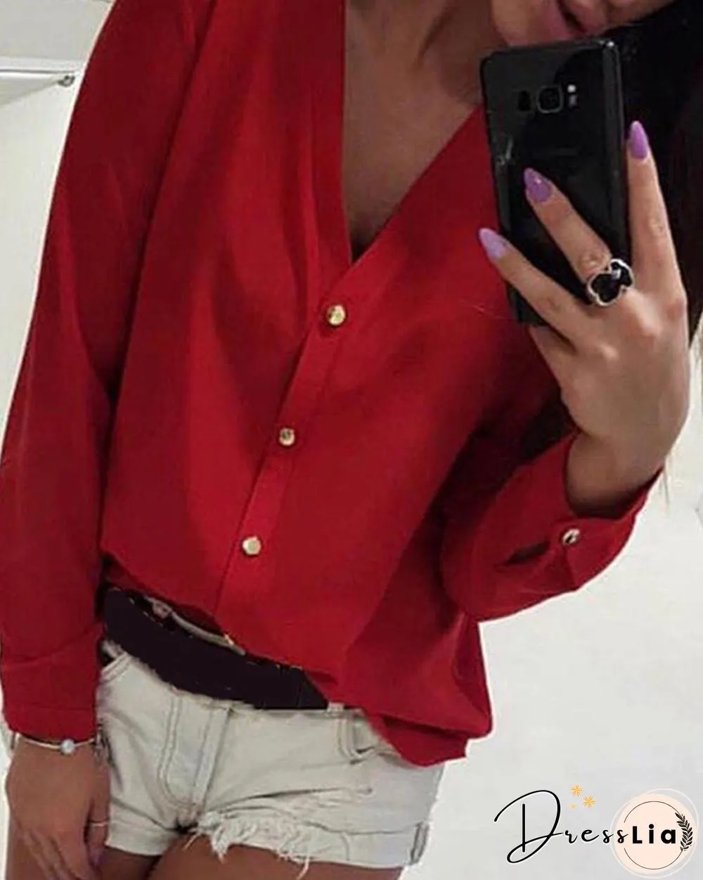 V Neck Chiffon Button Up Blouse P16120