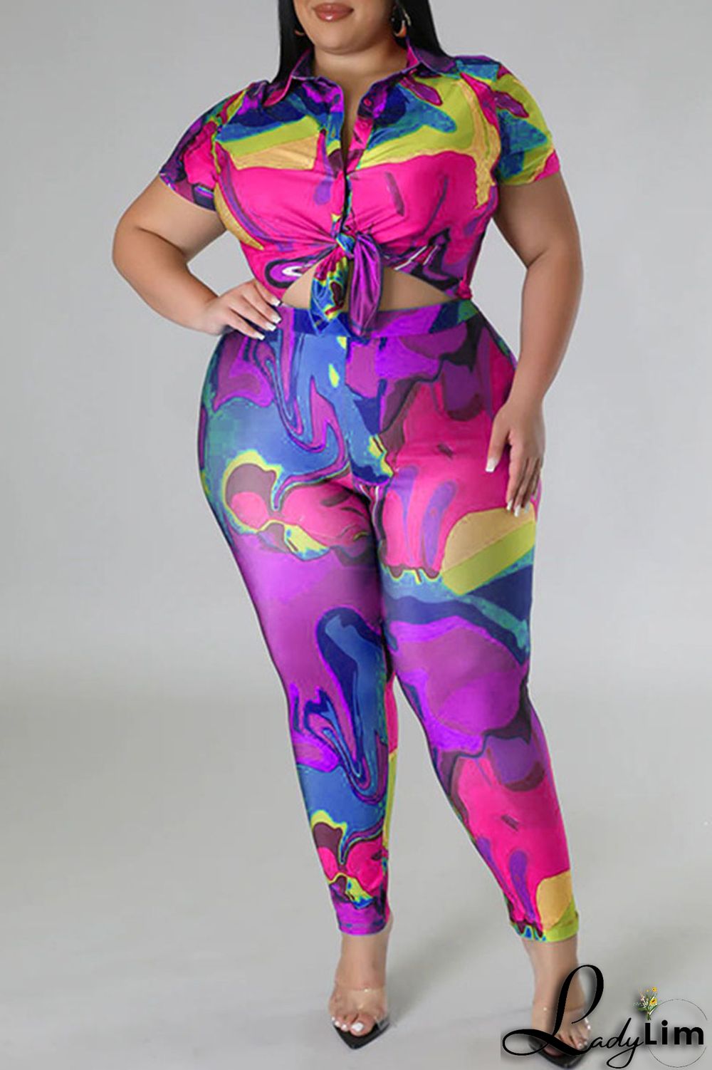 Red Casual Street Print Patchwork Buckle Asymmetrical Turndown Collar Plus Size Two Pieces