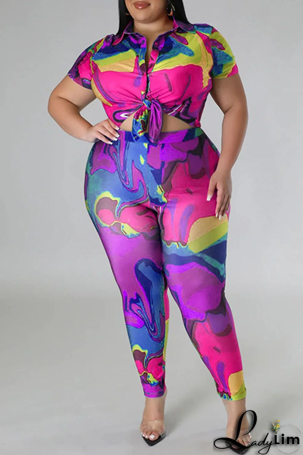 Red Casual Street Print Patchwork Buckle Asymmetrical Turndown Collar Plus Size Two Pieces