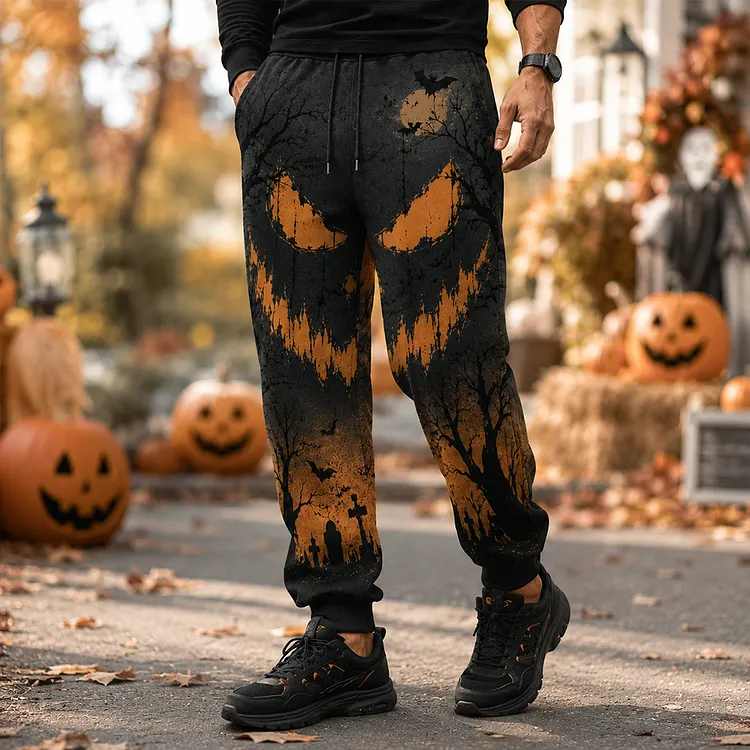 Men's Casual Drawstring Sweatpants In Dark Distressed Wash With Halloween Evil Jack-o'-lantern Face Graphic
