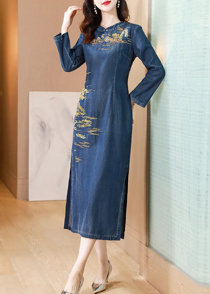 Chinese Style Blue Embroideried Patchwork Denim Long Dress Fall