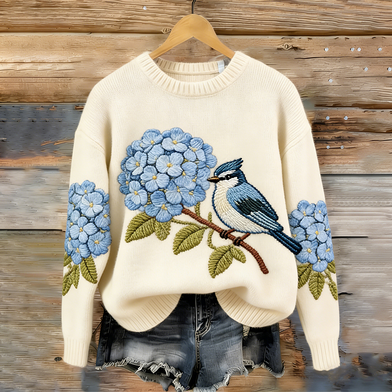 Comfortable Knit Sweater With Bird And Hydrangea Pattern For Women wearshes