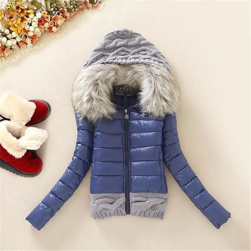 plus size 4XL women winter jacket Knitted wool cap patchwork jacket autumn winter coat outwear 2020