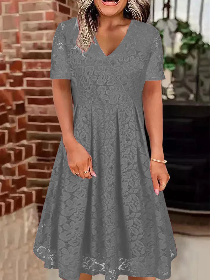 Women's Short Sleeve V-neck Stitching Lace Midi Dress