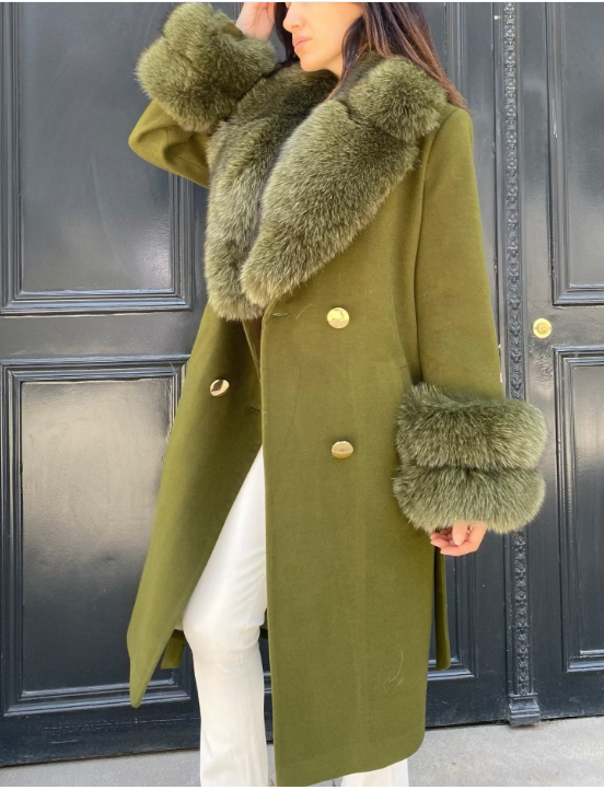 Removable furs,Wool coat women, Cashmere winter coat with Real Fox Fur, long jacket,Green wool long coat, warm coat, plus size coat 140