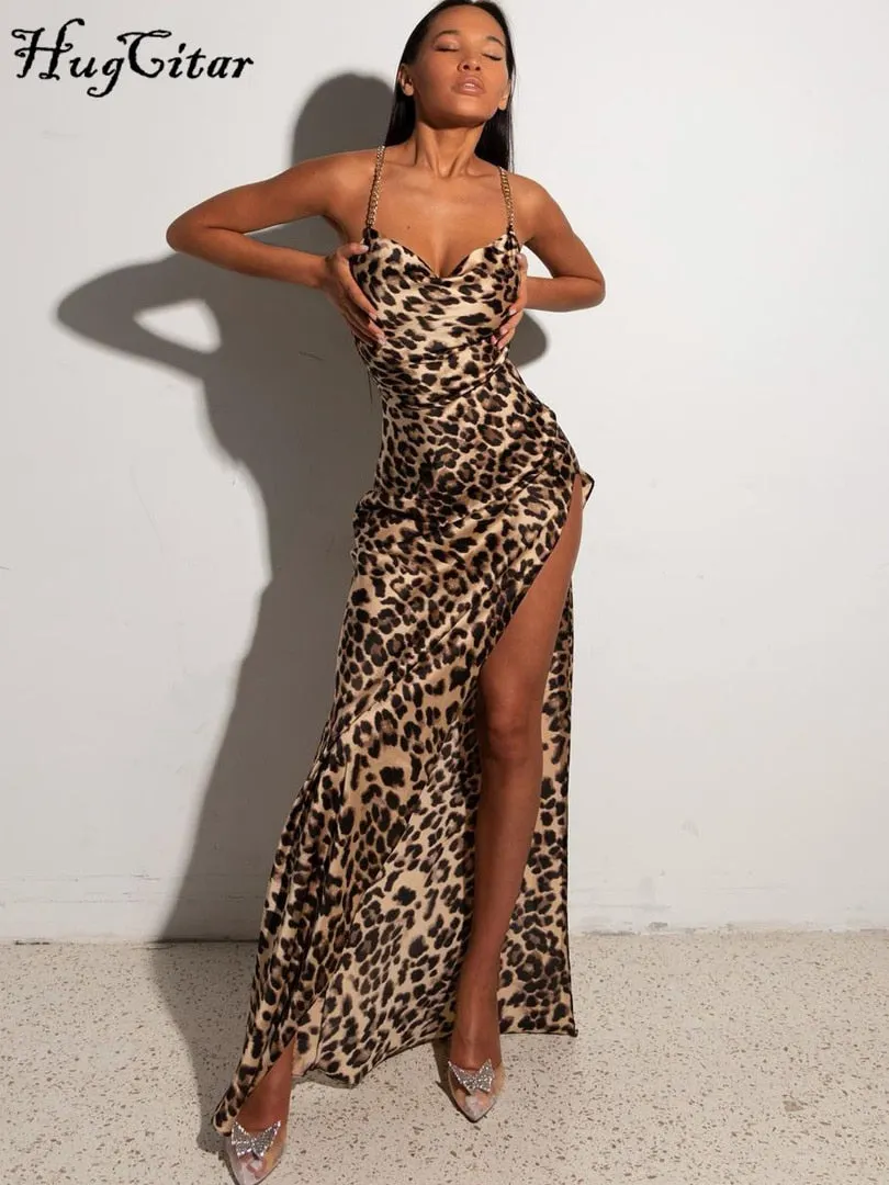 Hugcitar Leopard Metal Chain Slip Sleeveless Backless Swing Collar Slit Maxi Dress 2022 Evening Party Sexy Slim Elegant Y2K