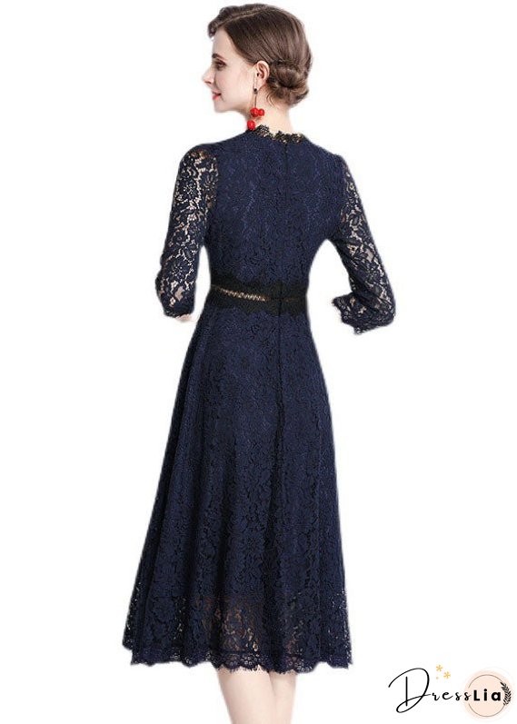 Modern Navy Embroideried Hollow Out Lace Long Dresses Bracelet Sleeve