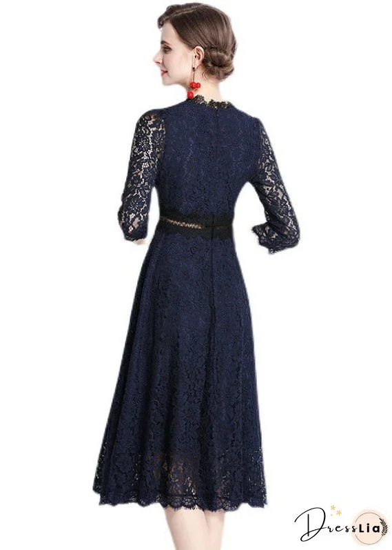 Modern Navy Embroideried Hollow Out Lace Long Dresses Bracelet Sleeve