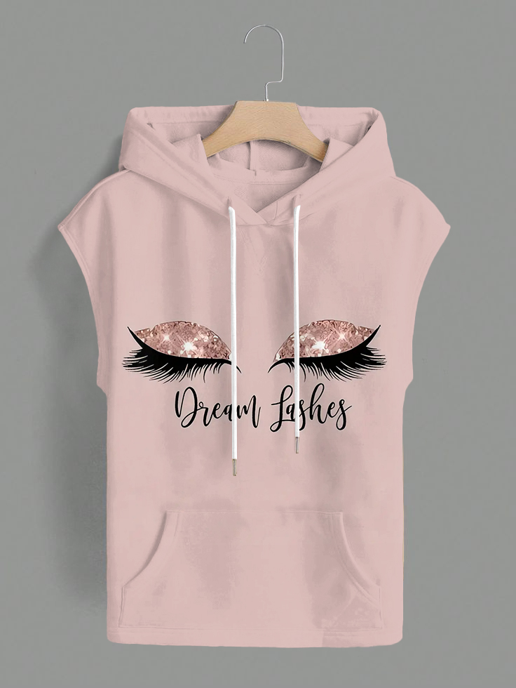 Cute Sequin Eyes Print Pocket Drawstring Hooded Tee