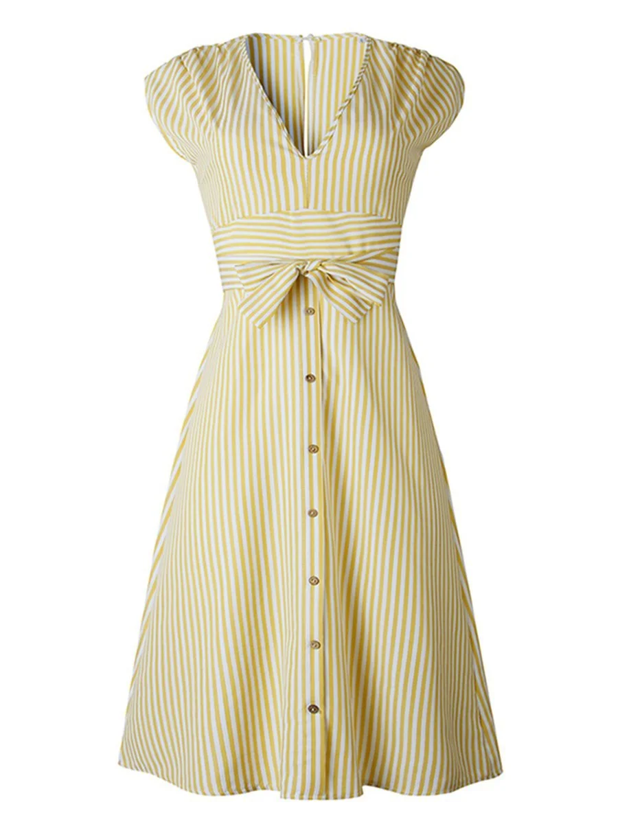Vintage Dress Stripe Elegant V Neck Tie Up Midi Dress