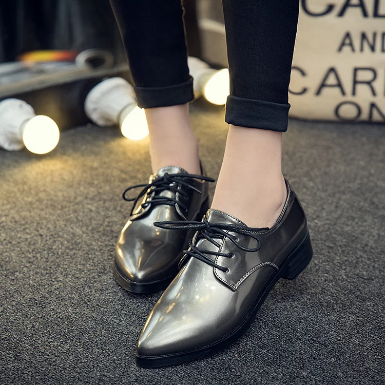 Grey Vintage Lace up Oxfords Pointy Toe Patent Leather Shoes Vdcoo