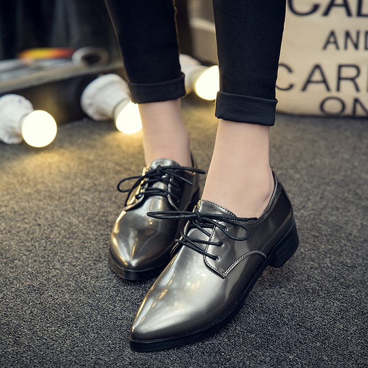 Grey Women's Oxfords Lace up Pointy Toe Patent Leather Vintage Shoes |FSJ Shoes