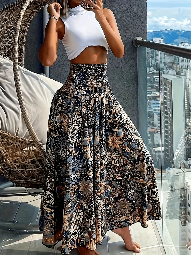 Women's Elegant High-Waisted Wide-Leg Pants - Non-Stretchy Office & Formal Pants In Navy/Beige/Blue/, Smocked Waistband For Everyday & Special Events, Year-Round Trousers, High Waisted Pants, Event Attire, Floral Print Trousers, Smooth Texture