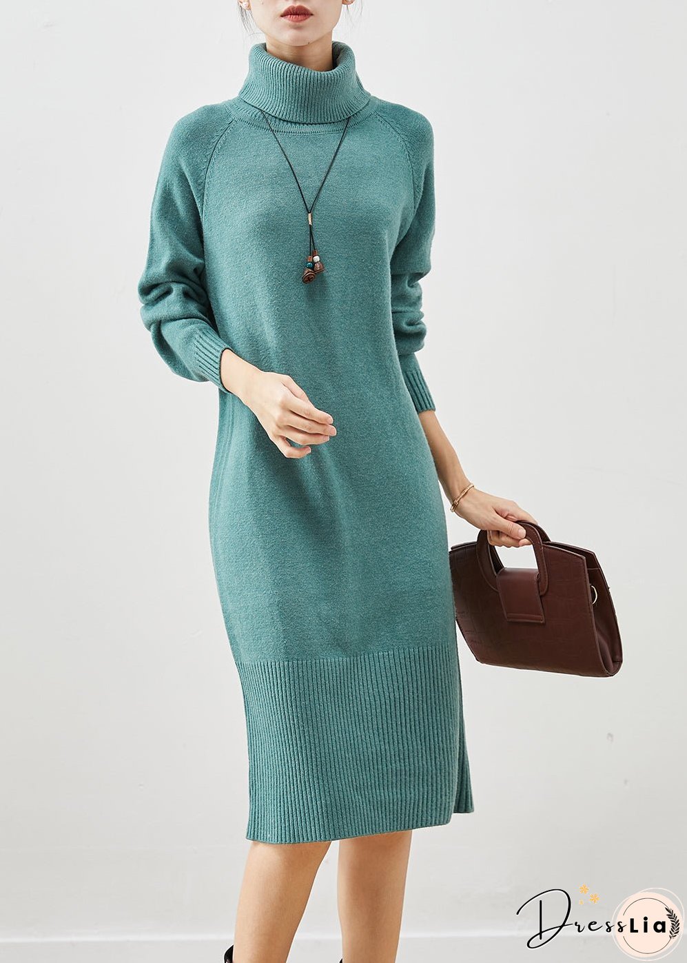 Silm Fit Blue Turtle Neck Thick Knit Dress Winter