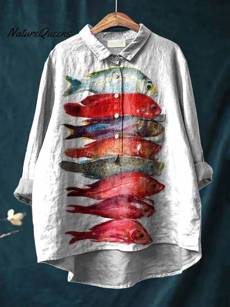 Vintage Lovely Fish Art Print Casual Cotton And Linen Shirt