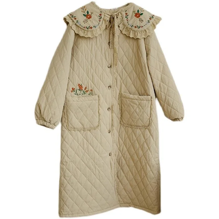 Queenfunky cottagecore style Cotton Quilted Coat With Removable Embroidered Collar QueenFunky