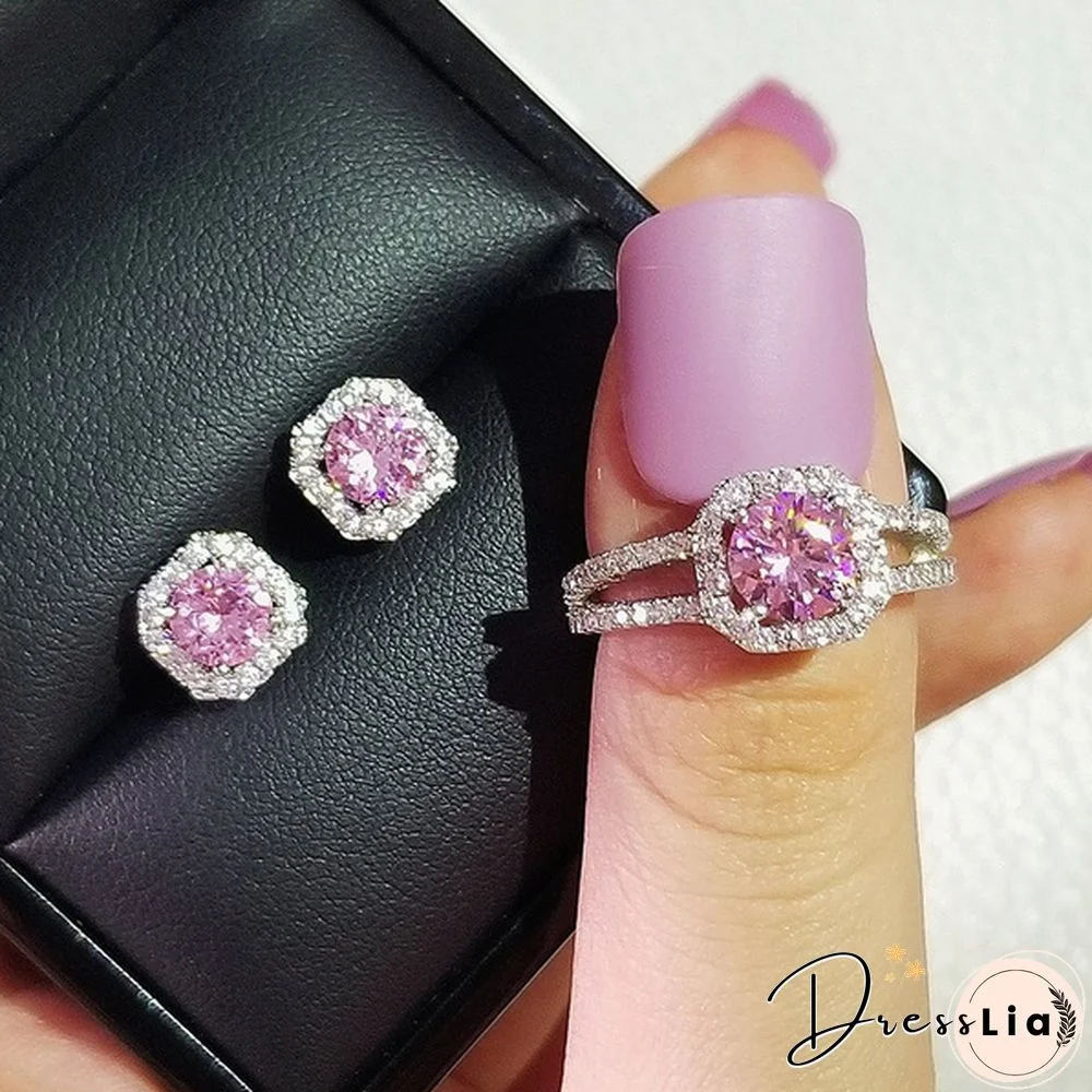 925 Sterling Silver cushion cut zircon Jewelry set Engagement ring stud earring for women gift J5963-pink
