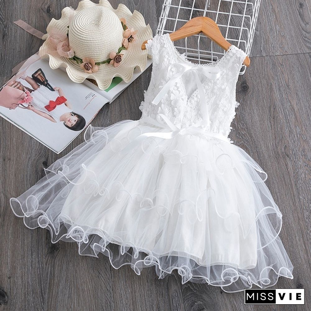 Girl's Fashion Backless Dress Appliques Flower Clothes Layered Mesh Princess Dress for Summer Beach Casual Wear 2 Styles