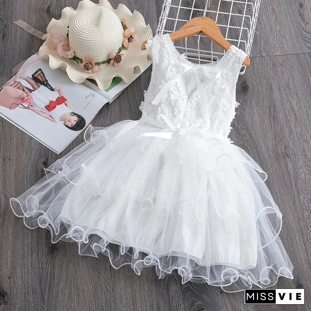 Girl's Fashion Backless Dress Appliques Flower Clothes Layered Mesh Princess Dress for Summer Beach Casual Wear 2 Styles